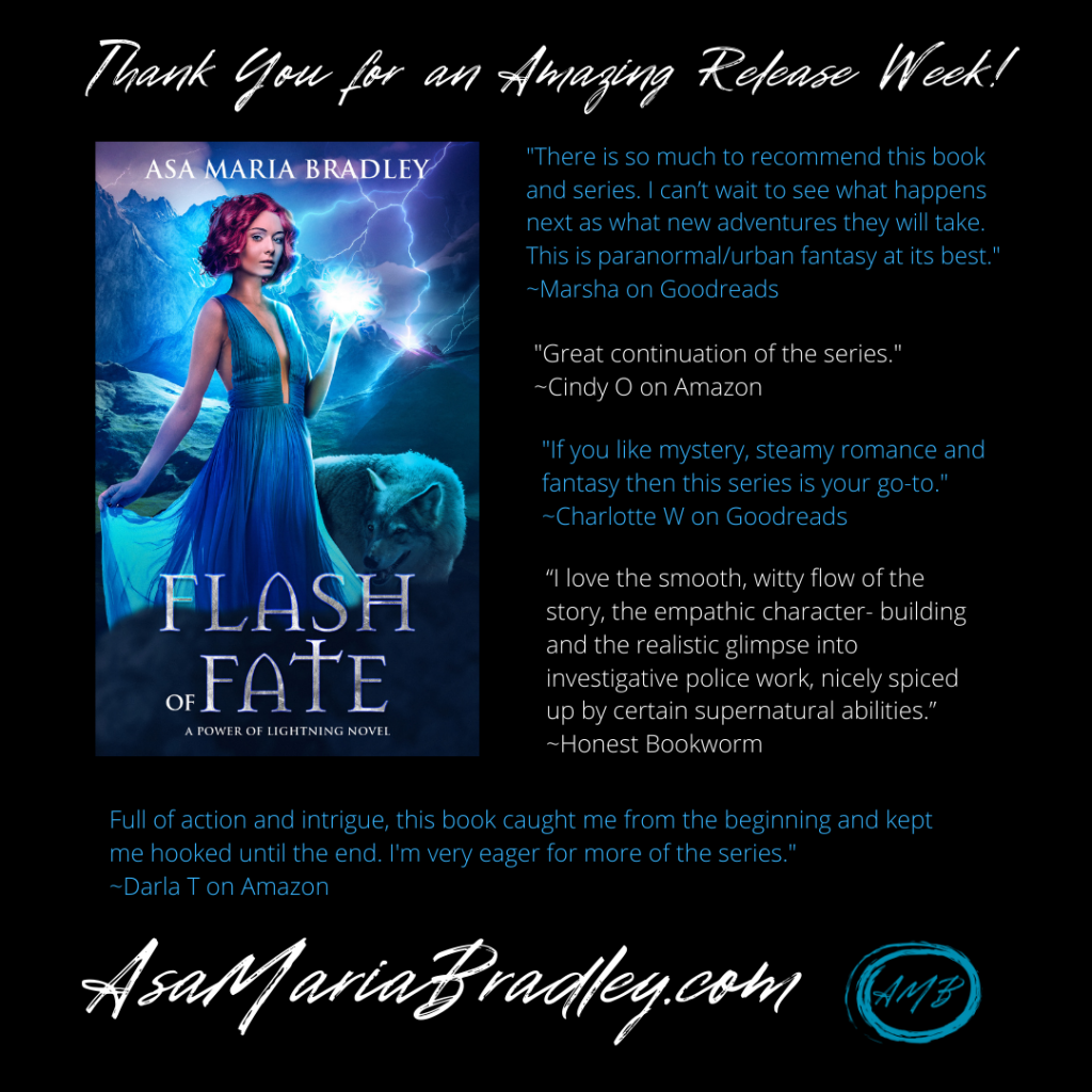 Cover of Flash of Fate and text with favorable reviews.