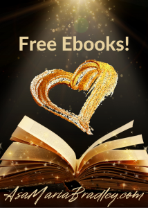 Golden book with a floating golden heart. Text says Free Ebooks!