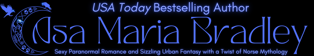 Header banner. Text: USA Today Bestselling Author Asa Maria Bradley. Sexy Paranormal Romance and Sizzling Urban Fantasy with a Twist of Norse Mythology. Image to the left of text: Half moon with Norse symbols and two ravens.