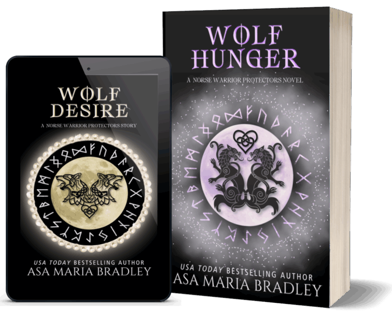 Cover of Wolf Desire in tablet form. Cover of Wolf Hunger in print form.